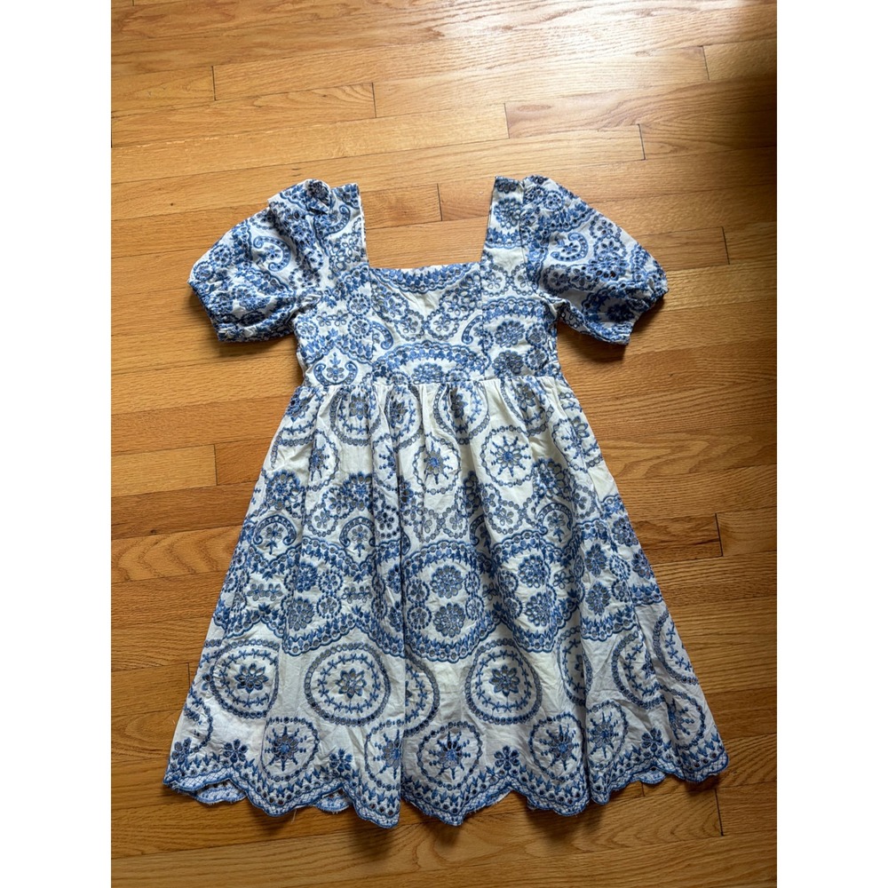 Sunday Up Blue White Eyelet Cotton Mini Dress Puff Sleeve Square Neck Small
